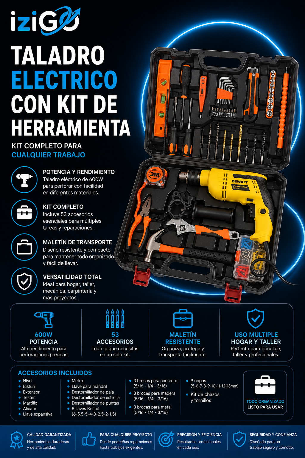 Taladro eléctrico con Kit de herramienta