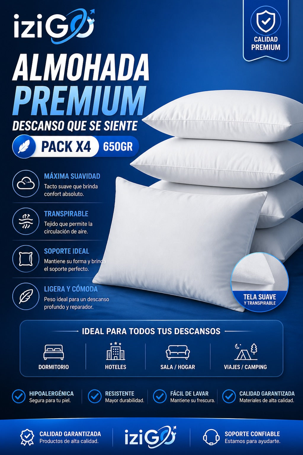 Almohada Premium 650gr - 45x65 PACK X4