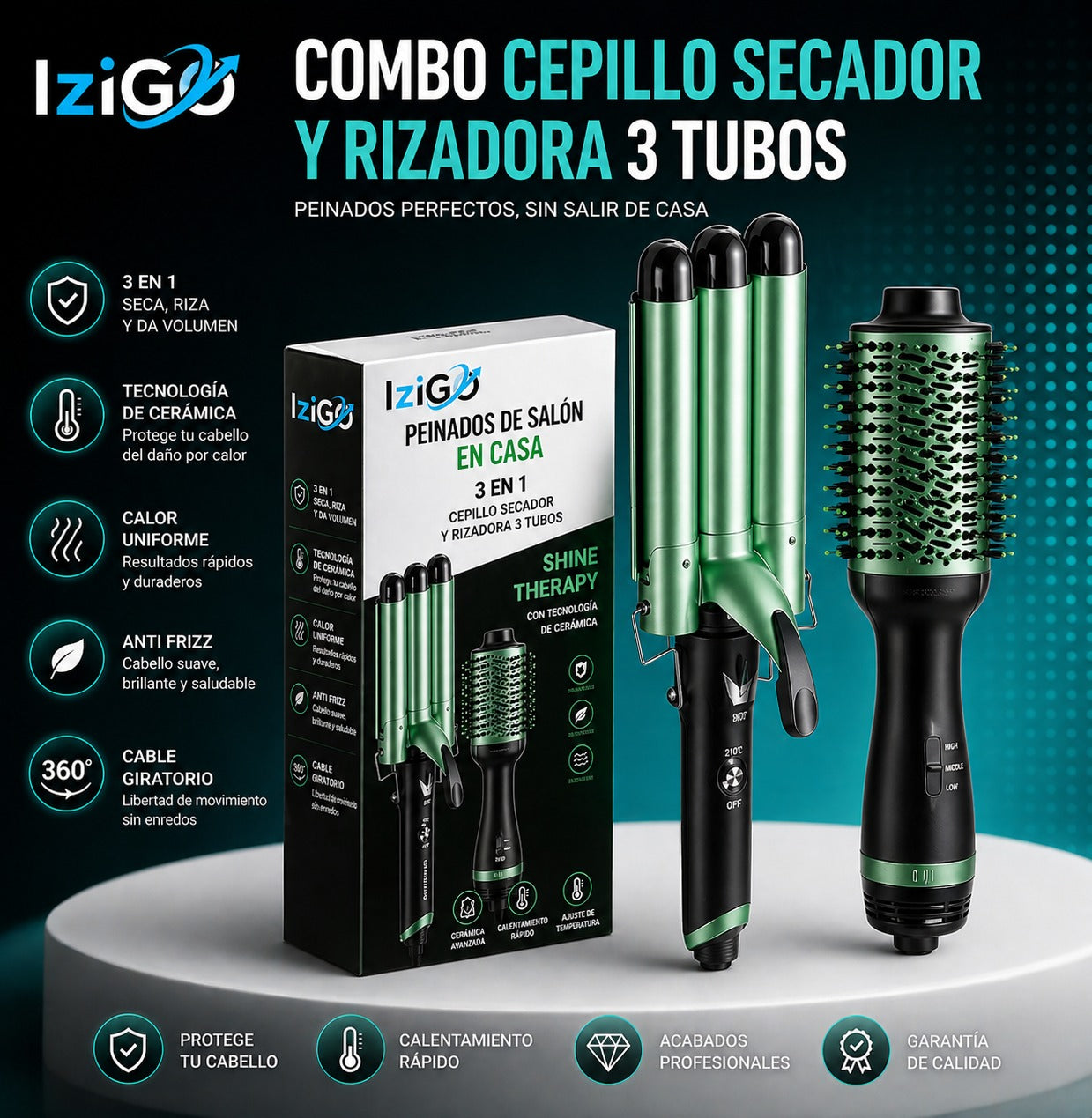 combo cepillo secador, rizadora 3 tubos