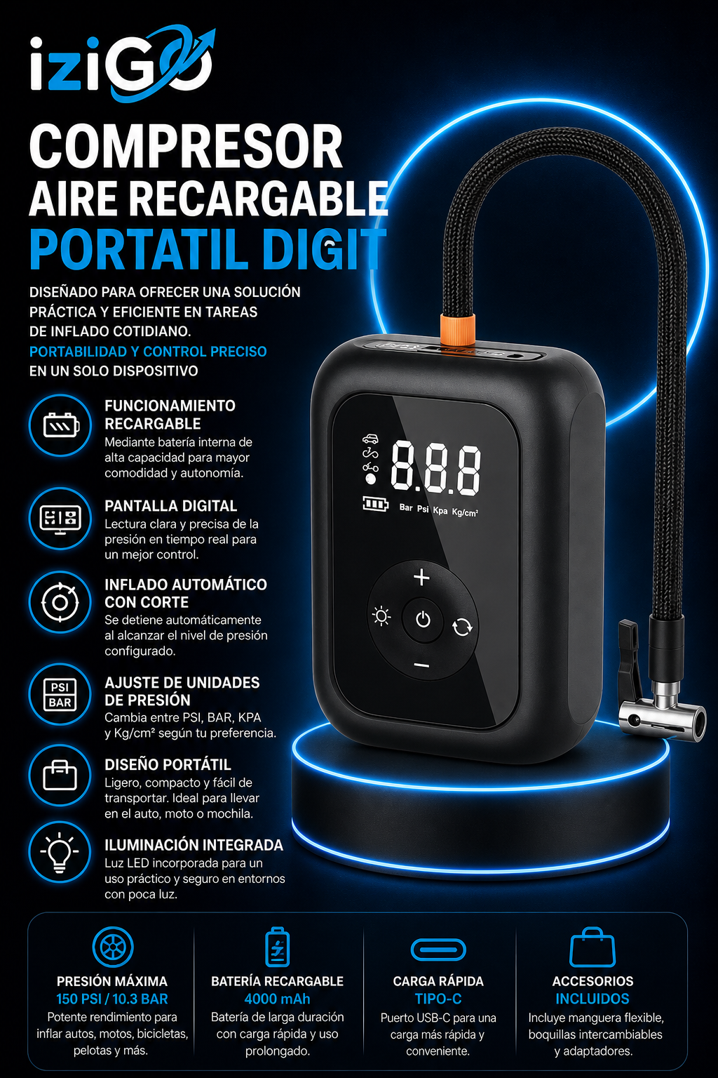 Compresor Aire Recargable Portatil Digit