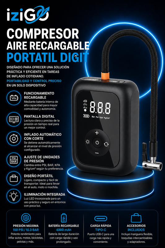 Compresor Aire Recargable Portatil Digit