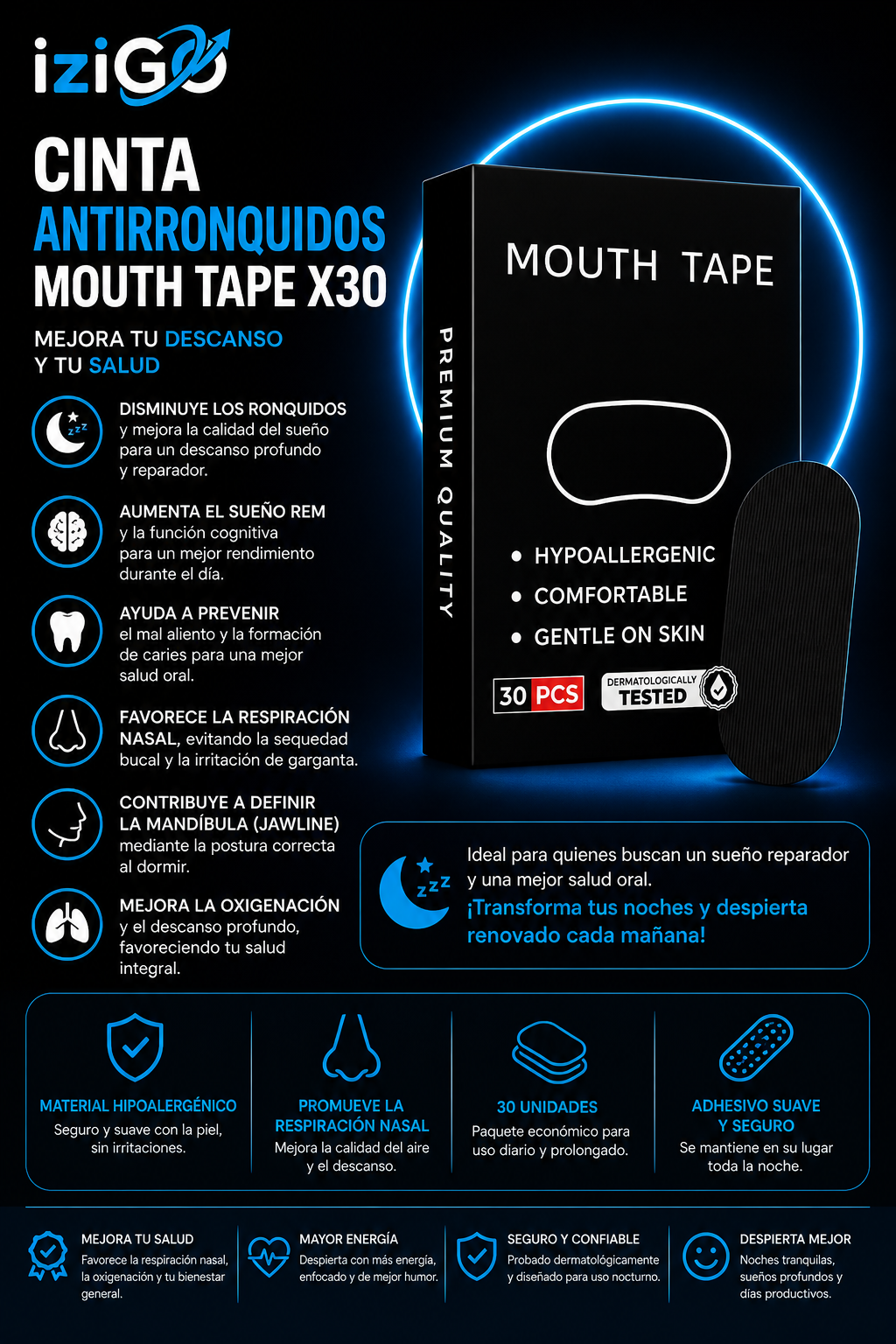 CINTA ANTIRRONQUIDOS MOUTH TAPE X30