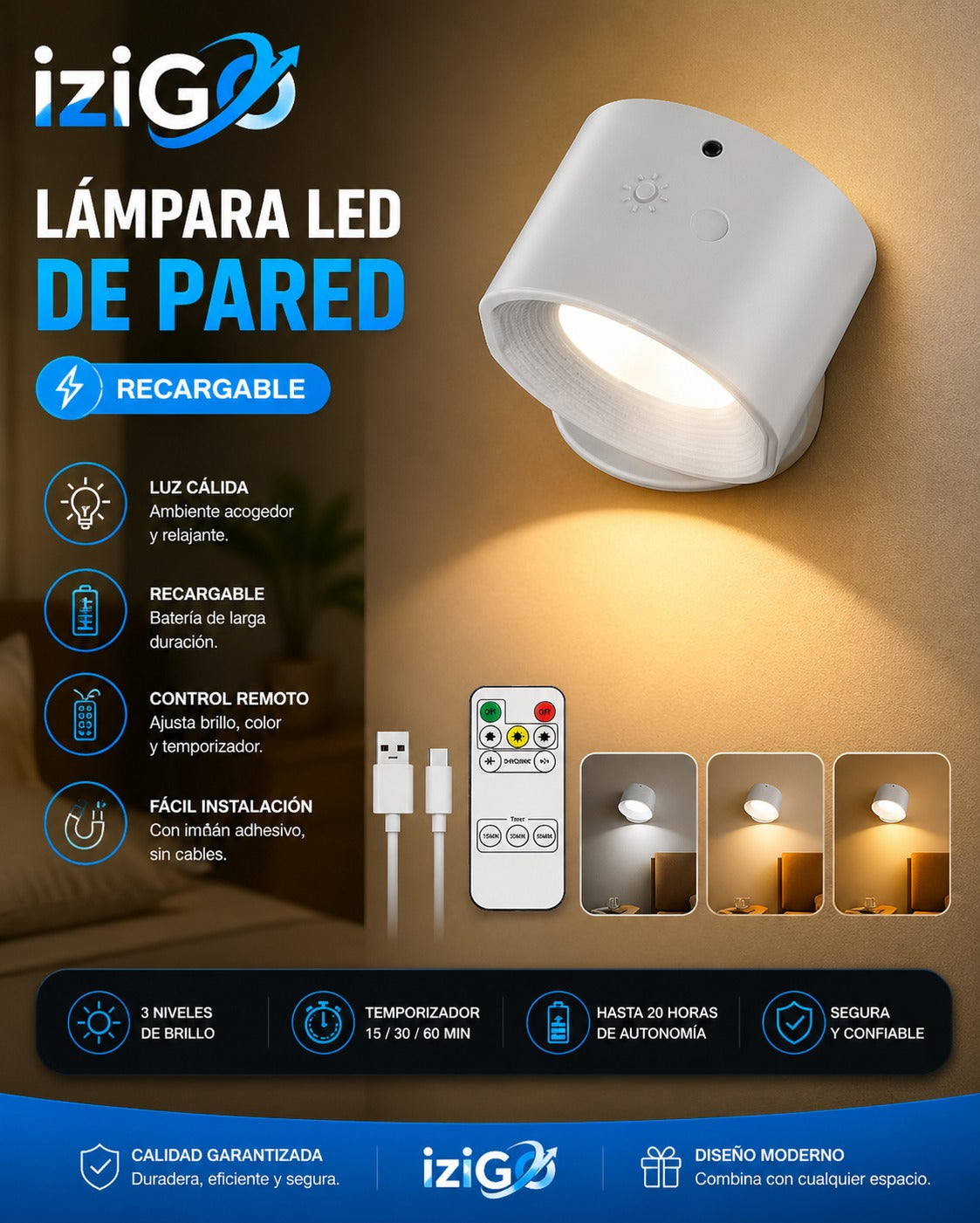 Lampara led de pared recargable